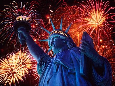 Statue of Liberty with fireworks