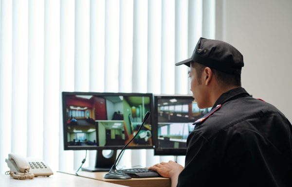 Security guard speaking in microphone when noticing suspicious activity on computer screen